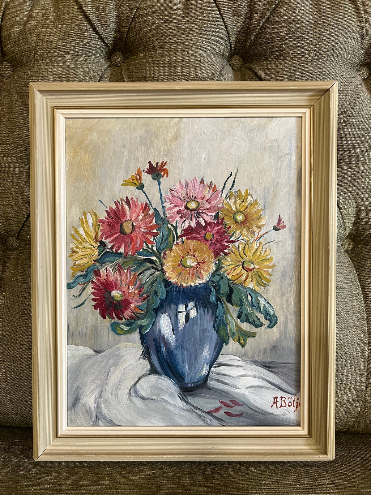 Oljemålning blommor med vacker ram