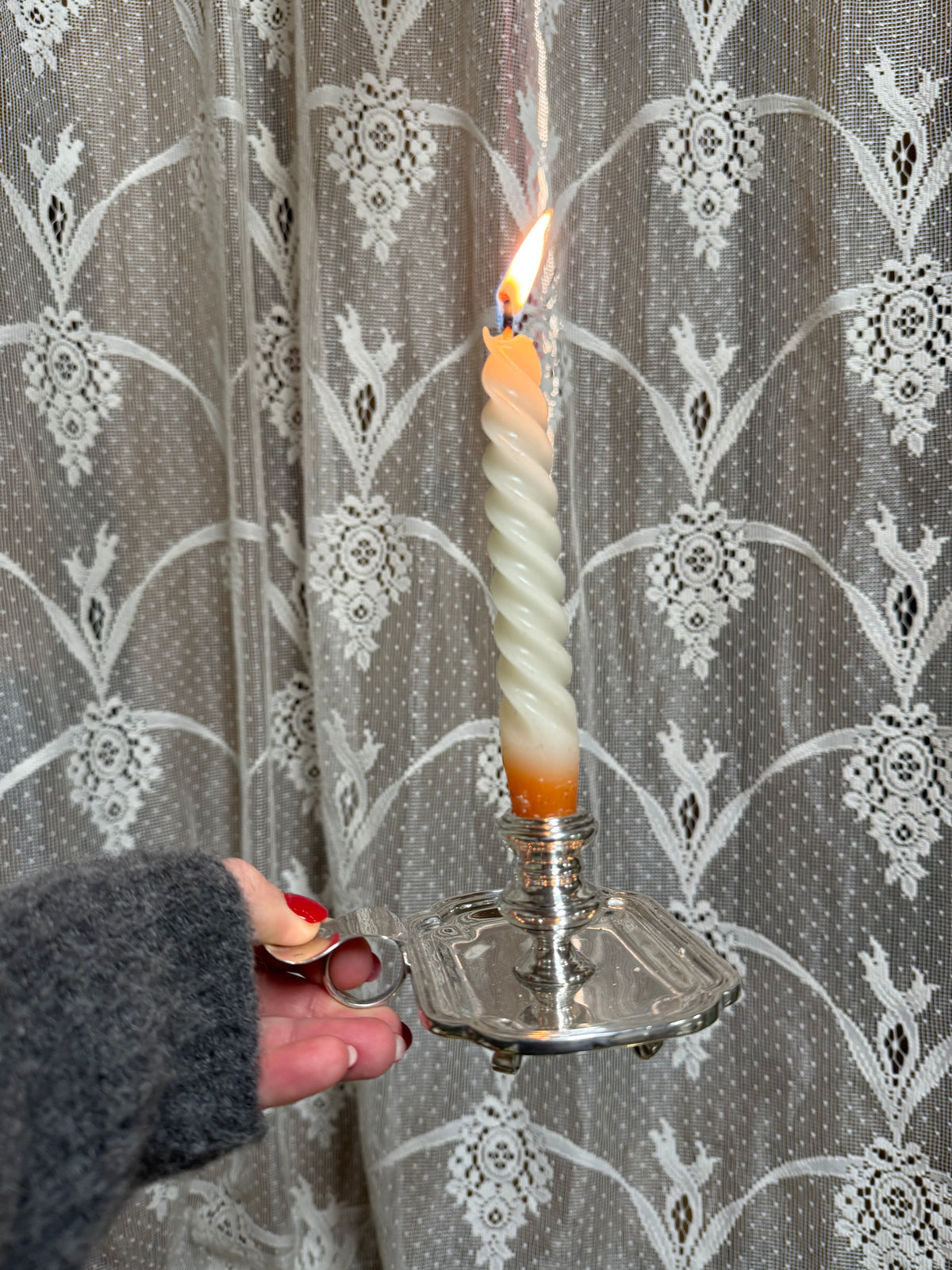 Silverljusstake på fot med handtag, stämpel