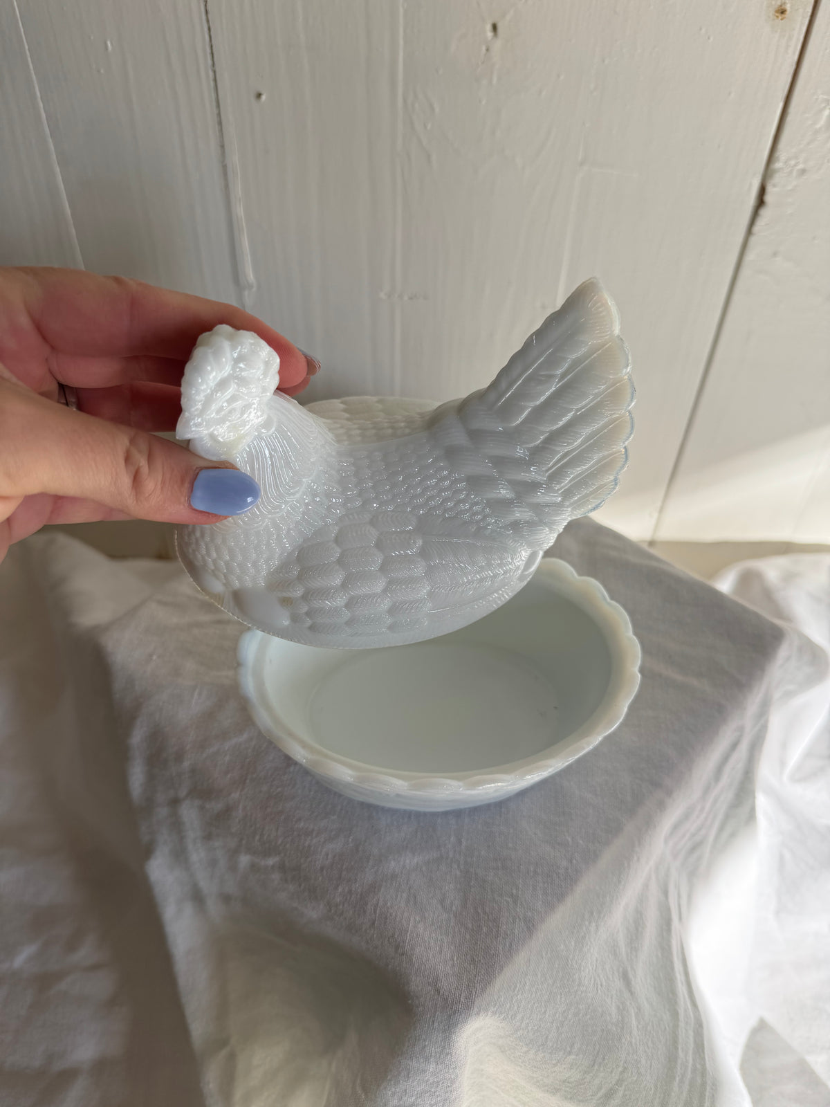 Höna - äggömma i vitt mjölkglas