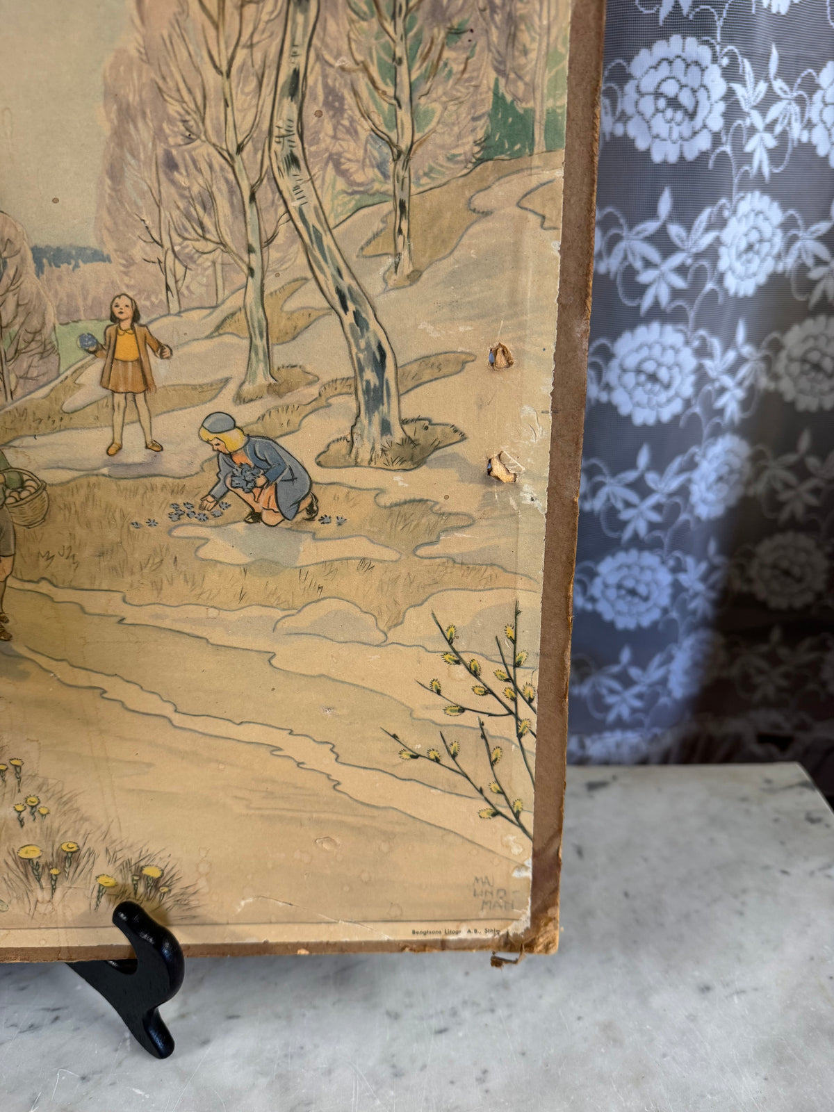 Äldre skolplansch – “April”, utgiven av A.B. P.A. Norstedt & Söner. Troligen 1930–1950-tal