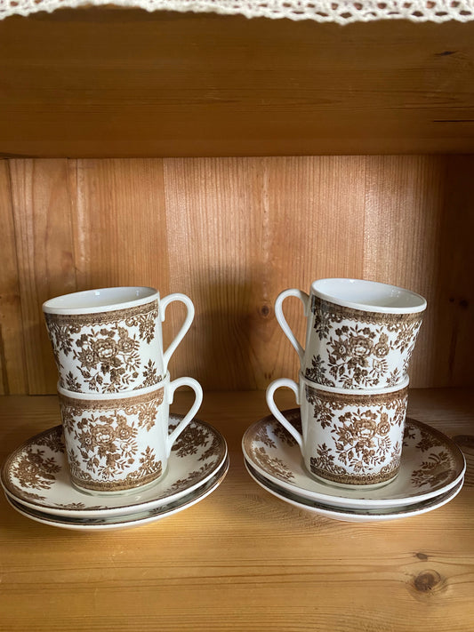 Fyra kaffekoppar med fat - brun FASAN Old Gustafsberg